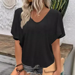 Casual women's black V-neck short sleeve T-shirt with loose batwing sleeve design