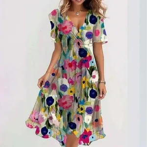 Elegant V-neck floral midi dress with colorful abstract flower print for women