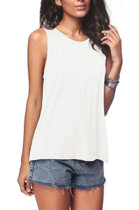 Close-up detail of a casual white sleeveless round neck tank top for women in studio