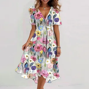 Detailed view of vibrant floral print and V-neckline on casual summer midi dress