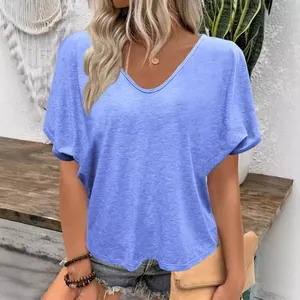 Stylish women's loose fit light blue V-neck T-shirt with pleated short sleeves