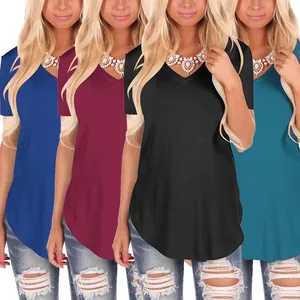 Damen lockere V-Ausschnitt Kurzarm-T-Shirts in Blau, Kastanienrot, Schwarz und Teal