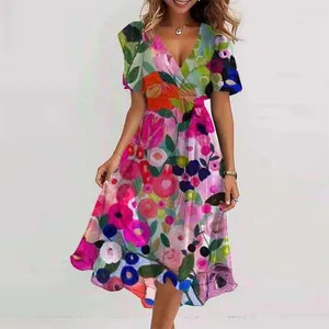 Vibrant multi-color floral print V-neck midi dress with short sleeves for summer