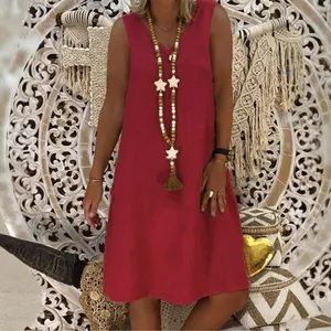 Bohemian style deep red V-neck sleeveless summer tank dress with comfortable relaxed fit
