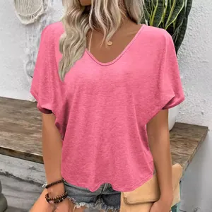 Women's loose candy-colored V-neck short sleeve pleated T-shirt for casual summer