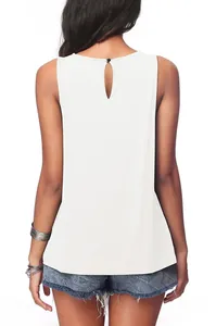 Rear view of white sleeveless tank top showing keyhole detail and button closure