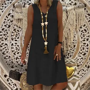 Elegant black V-neck sleeveless summer tank dress for women with bohemian accessories