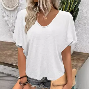 Stylish casual white V-neck short sleeve t-shirt featuring a relaxed loose fit for women