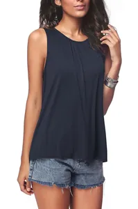 Detailed view of women's casual navy blue sleeveless tank top with pleated round neckline