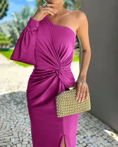 Detail view of a fuchsia one-shoulder dress with chic twisted waist and slimming ruching