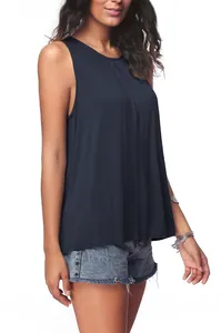 Women's navy blue casual round neck sleeveless tank top showing relaxed fit and soft fabric