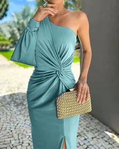 Elegant one-shoulder light blue dress with pleated waist and slim fit design