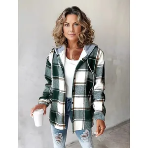 Casual women's green and white plaid hooded jacket for autumn and winter outdoor wear