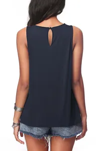 Back view of navy blue sleeveless tank top with keyhole cutout and button detail