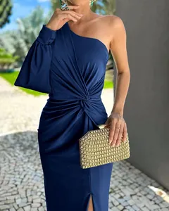 Elegant royal blue one-shoulder pleated slim-fit dress for summer evening parties