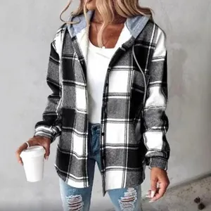 Stylish women's black and white plaid hooded shacket for casual autumn winter wear