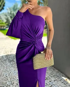 Detailed view of purple one-shoulder slim fit dress with pleated waist and lantern sleeve