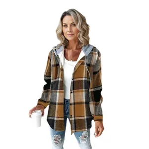 Women's brown plaid hooded shacket jacket with button-down front and casual fit