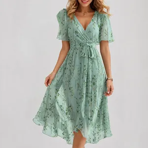 Elegant mint green V-neck floral print dress with short ruffled sleeves for women
