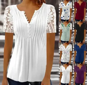 Elegant women's lace sleeve pleated T-shirt with button neck in various colors