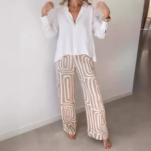 Women Top And Bottom Elegant Commuter Outfit Digital Geometric Print Shirt And Wide Leg Pants Set Casual Summer Fashion