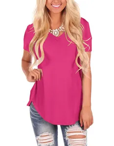 Detailansicht der Damen V-Ausschnitt locker sitzende Kurzarm-Sommer-T-Shirt in Rosarot