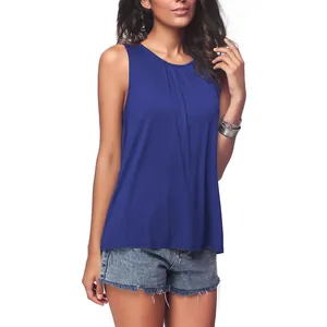 Royal blue casual sleeveless tank top for women with elegant pleated round neck design