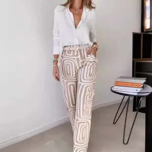 Elegant two-piece casual set with white shirt and geometric print wide-leg trousers