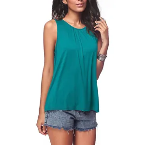 Casual women's teal sleeveless tank top with round neck and pleated detail