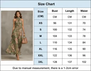 Comprehensive size chart for a green floral print mesh maxi suspender dress in CM