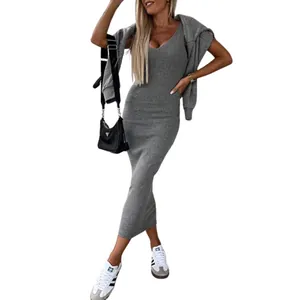 Women's two-piece set featuring grey sleeveless maxi dress and matching hooded sweatshirt