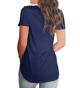 Rückansicht eines marineblauen V-Ausschnitt T-Shirts, lockeres Strickoberteil für Damen