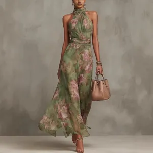 Women Floral Printed Halter Maxi Dress Ruffle Ruched Bodycon Split Hem Sexy Halter Neck Top And Bottom Summer Dress