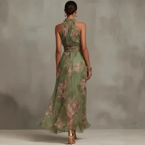 Elegant green floral print halter maxi dress with ruffled chiffon details for women