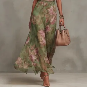 Elegant floral print mesh maxi dress with irregular hem and romantic pleated details