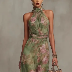 Elegant halter neck floral mesh maxi dress with ruched waist and pink flower print