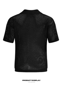 Detail view of the breathable black mesh knit men's short sleeve polo shirt back.