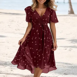 Elegant burgundy floral wrap dress with V-neck and short flutter sleeves for women