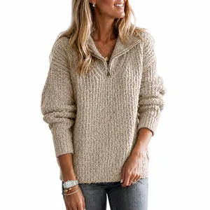 Damen Herbst Winter Strickpullover mit halbem Reißverschluss in Beige