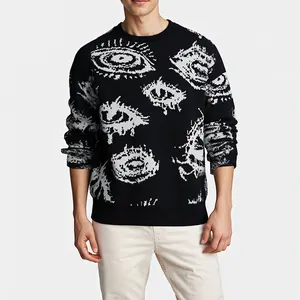 Men's Crew Neck Long Sleeve Loose Sweater Personalized Eye Jacquard Pattern Knitted Pullover Warm Fashion Streetwear Top
