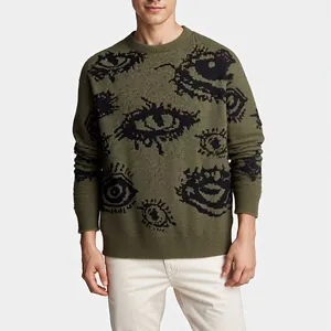 Loose olive green crew neck sweater with black jacquard eye patterns for men.