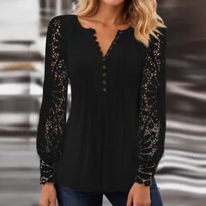 Elegant black V-neck t-shirt featuring intricate lace hollow-out sleeves and pleated front