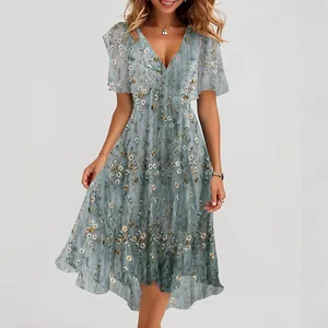 Elegant V-neck sage green floral print casual maxi dress for summer fashion women