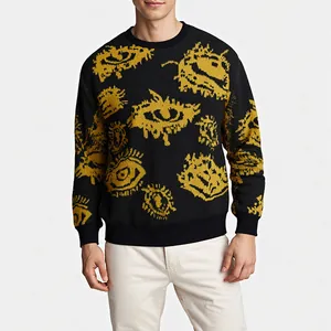 Men's crewneck long-sleeved sweater featuring yellow jacquard eye patterns on black