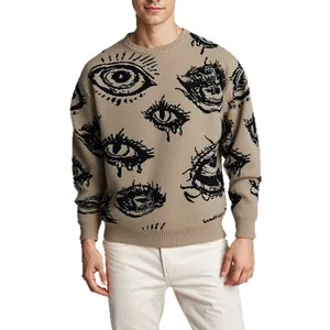 Men's oversized khaki knitted sweater with unique jacquard eye pattern design