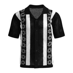 Men's breathable mesh knit polo shirt with retro floral pattern and short sleeves