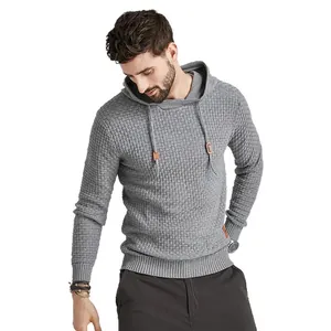 Maglione grigio da uomo con cappuccio e trama a nido d'ape, felpa casual testurizzata
