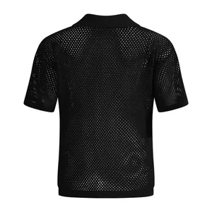 Men's black hollow-out mesh knit short sleeve polo shirt, back view for breathable style.