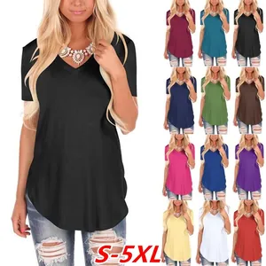Damen Casual V-Ausschnitt Kurzarm T-Shirt Große Größen Lockerer Strick Einfarbig Top Sommer Bequemes Baumwollmischung Tee Mode Oberteil