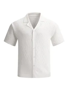 Stylish white men's knitted short sleeve shirt with unique zigzag texture and lapel collar